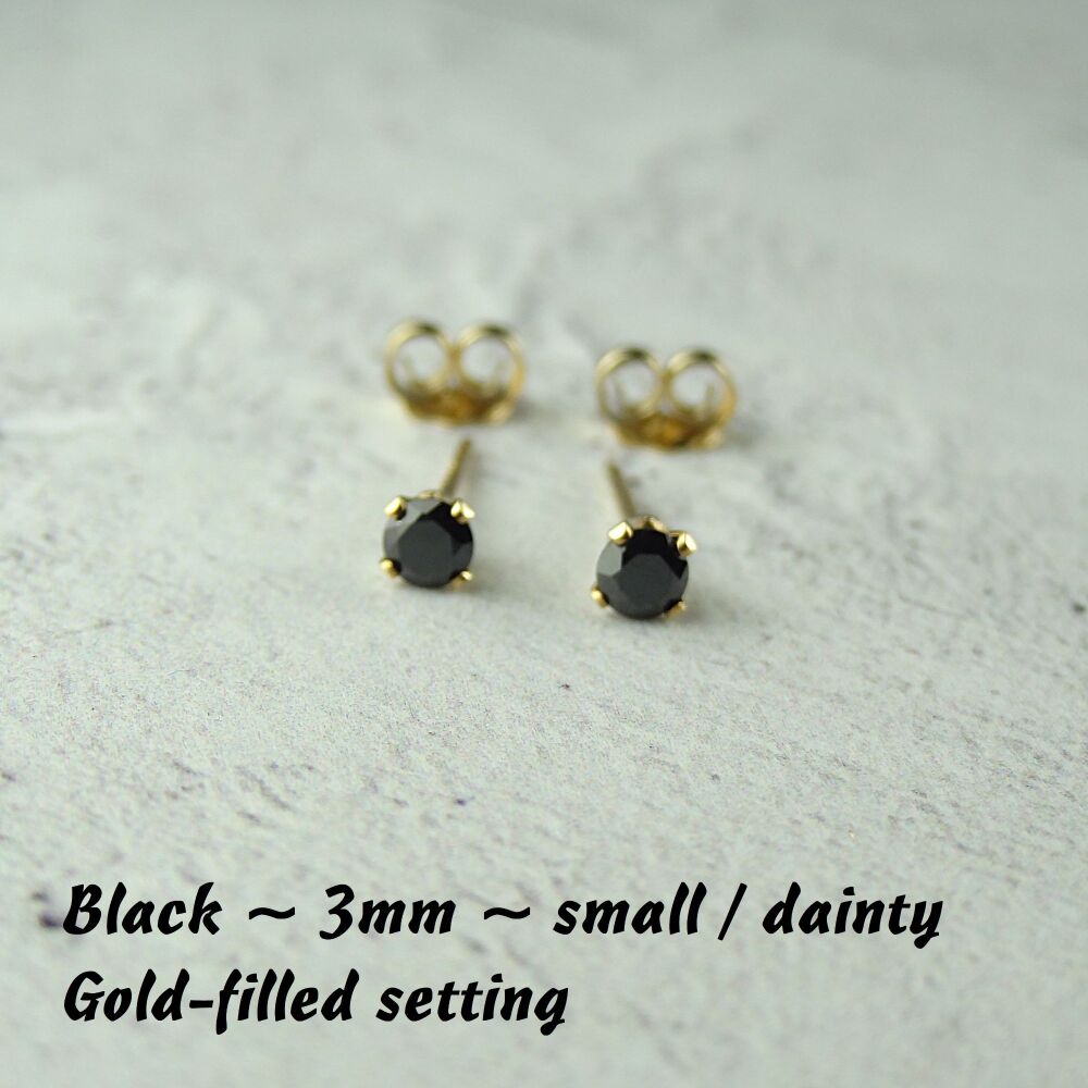 14k Gold Filled small/dainty 3mm faceted black Cubic Zirconia stud earrings – Handcrafted with claw setting