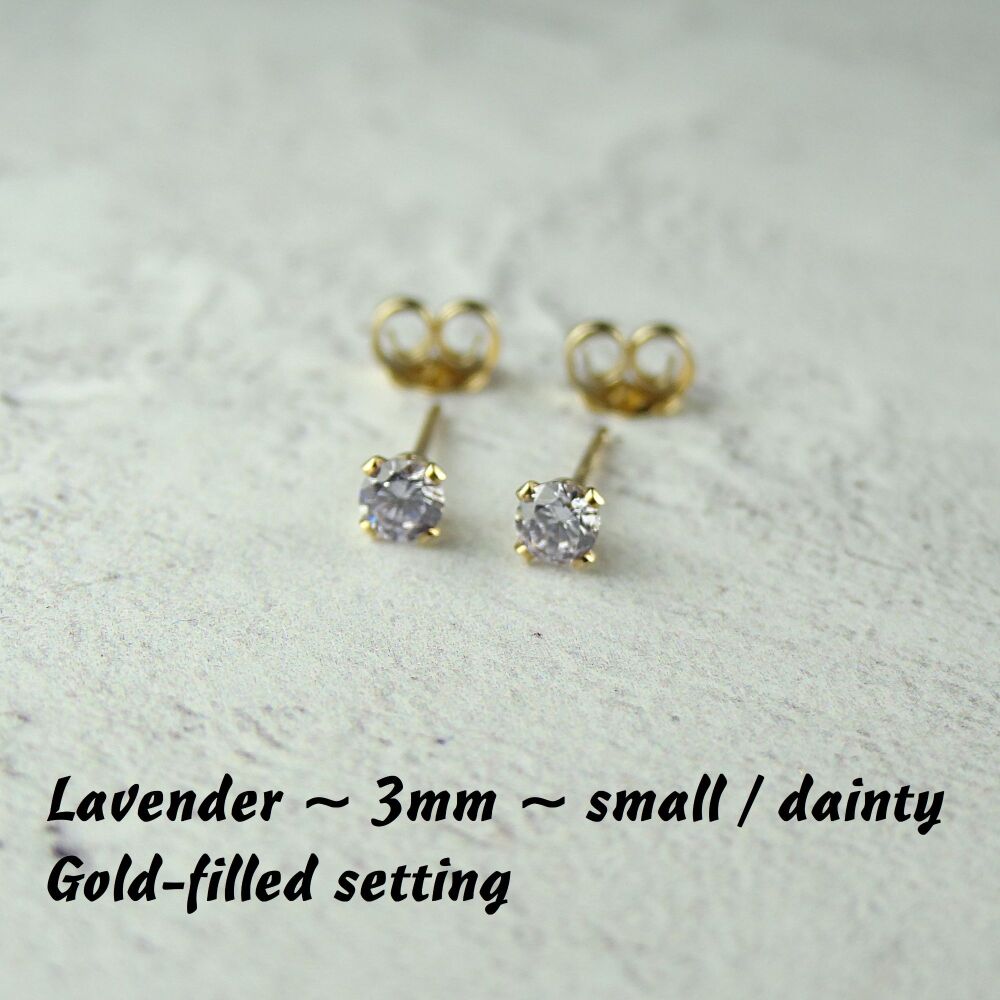 14k Gold Filled small/dainty 3mm faceted lavender purple Cubic Zirconia stud earrings – Handcrafted with claw setting