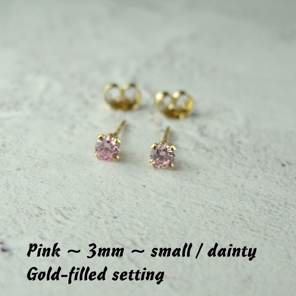 14k Gold Filled small/dainty 3mm faceted pink Cubic Zirconia stud earrings – Handcrafted with claw setting