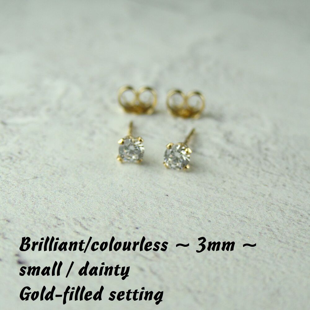 14k Gold Filled small/dainty 3mm faceted brilliant/colourless Cubic Zirconia stud earrings – Handcrafted with claw setting