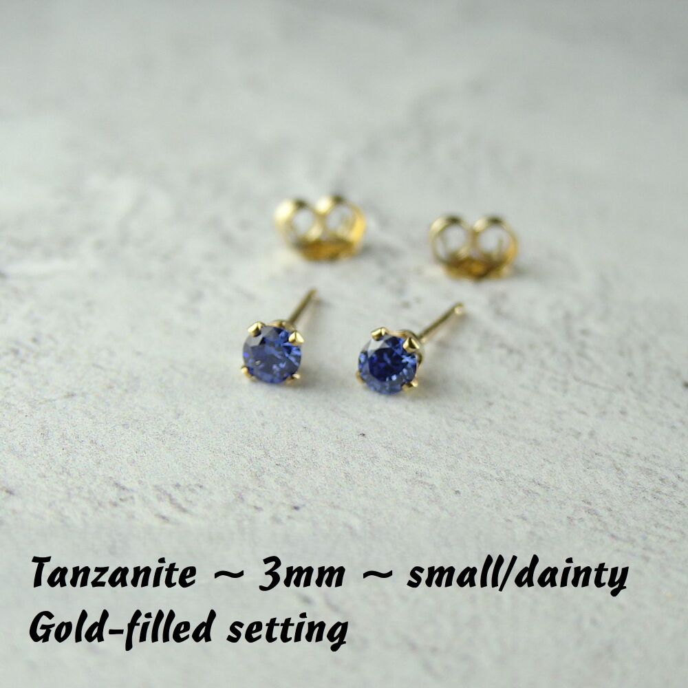 14k Gold Filled small/dainty 3mm faceted Tanzanite blue Cubic Zirconia stud earrings – Handcrafted with claw setting