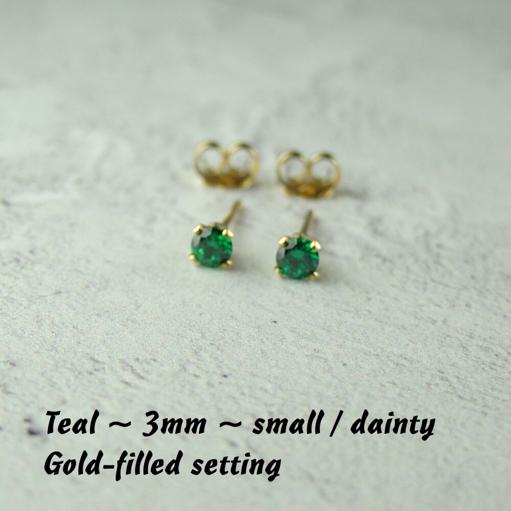 14k Gold Filled small/dainty 3mm faceted Teal green Cubic Zirconia stud earrings – Handcrafted with claw setting