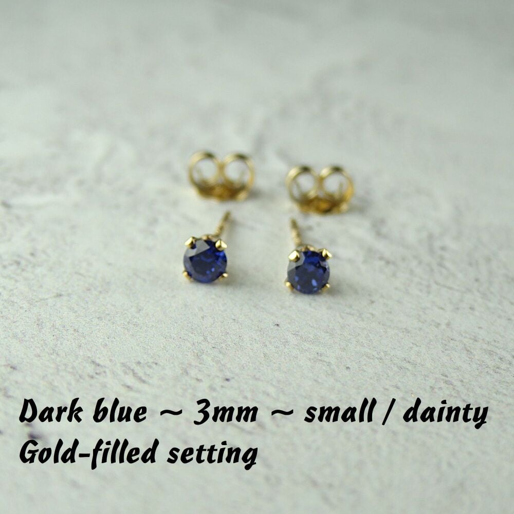 14k Gold Filled small/dainty 3mm faceted dark blue Cubic Zirconia stud earrings – Handcrafted with claw setting