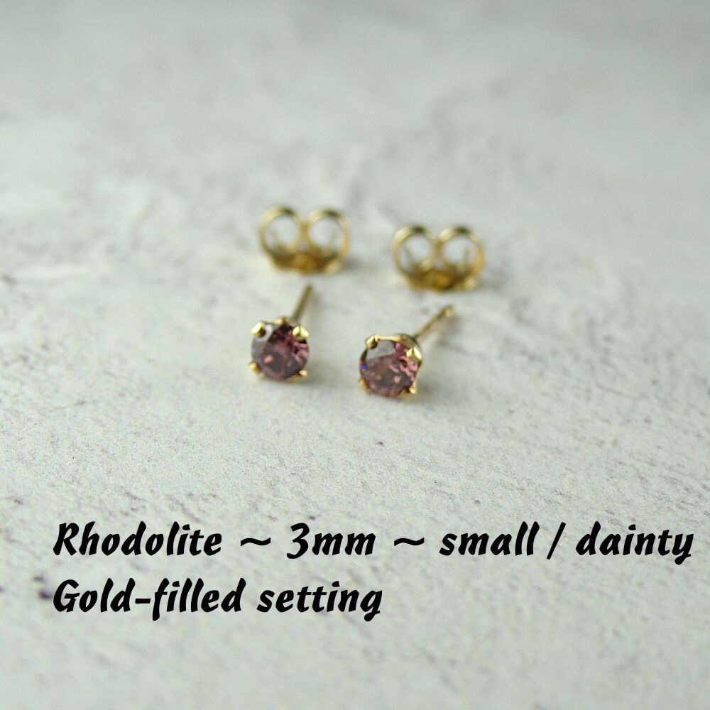 14k Gold Filled small/dainty 3mm faceted Rhodolite pink Cubic Zirconia stud earrings – Handcrafted with claw setting