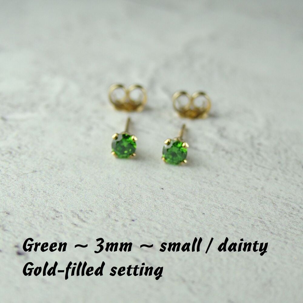 14k Gold Filled small/dainty 3mm faceted green Cubic Zirconia stud earrings – Handcrafted with claw setting