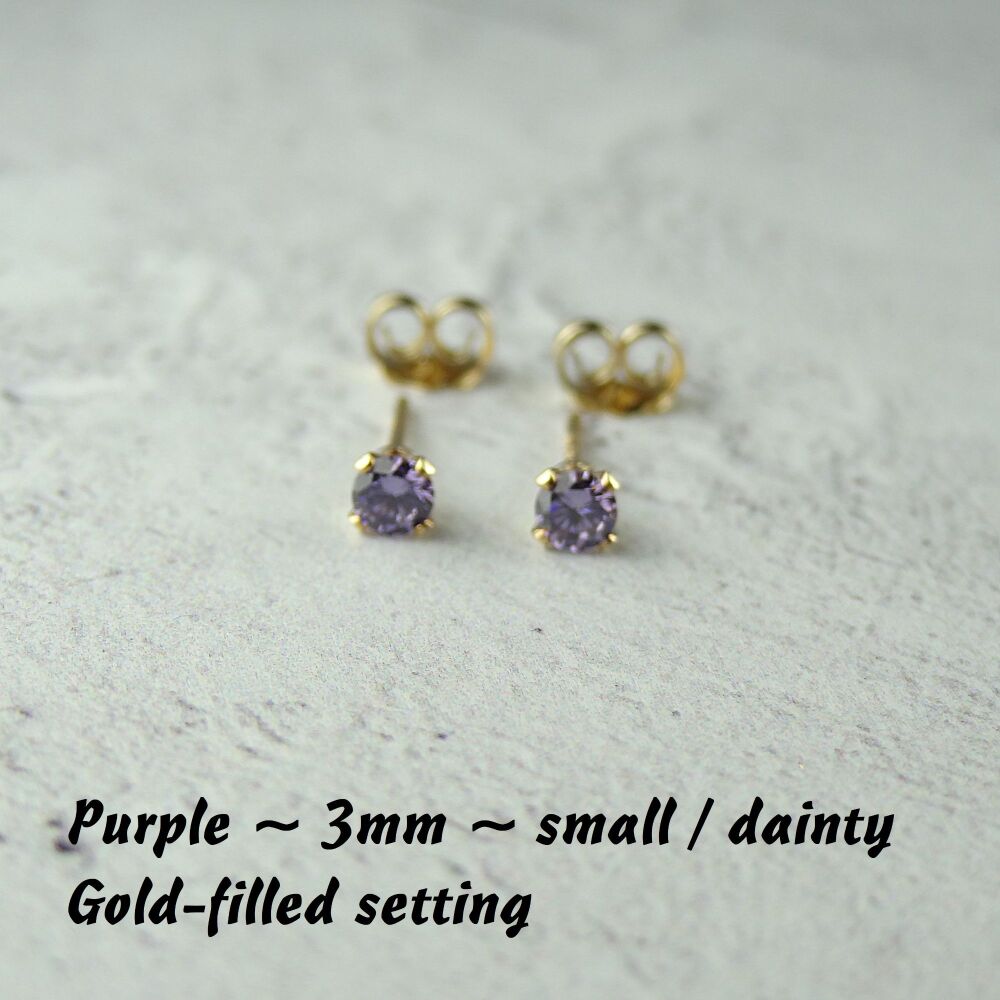14k Gold Filled small/dainty 3mm faceted purple Cubic Zirconia stud earrings – Handcrafted with claw setting