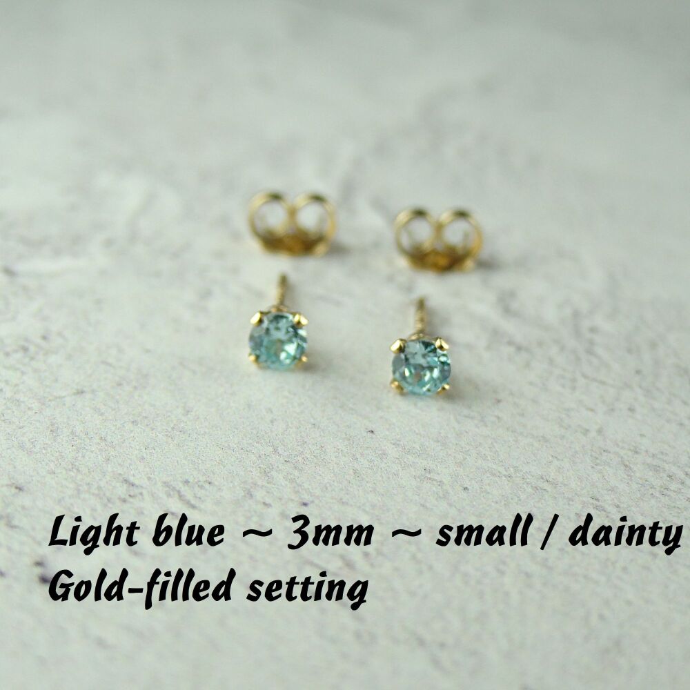14k Gold Filled small/dainty 3mm faceted light blue Cubic Zirconia stud earrings – Handcrafted with claw setting