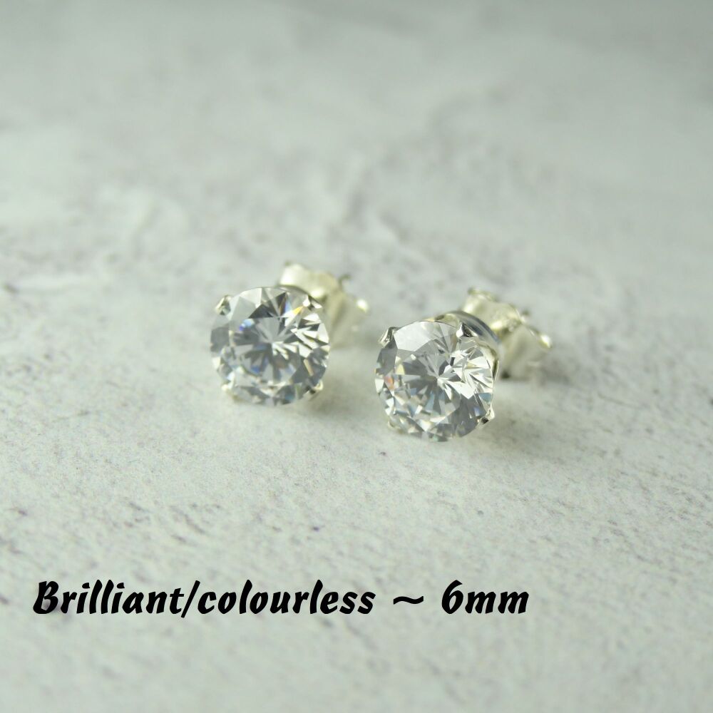 Sterling Silver 6mm faceted brilliant/colourless Cubic Zirconia stud earrings in a gift box - Handcrafted with claw setting