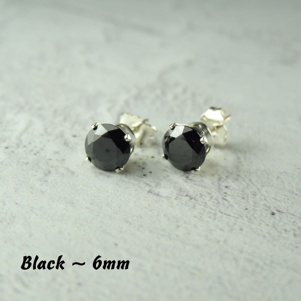 Sterling Silver 6mm faceted black Cubic Zirconia stud earrings in a gift box - Handcrafted with claw setting