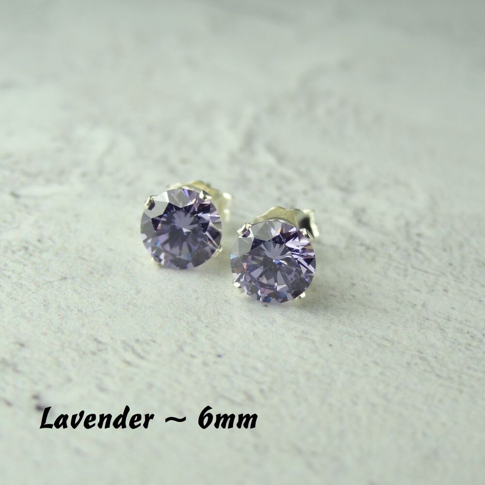 Sterling Silver 6mm faceted lavender purple Cubic Zirconia stud earrings in a gift box - Handcrafted with claw setting