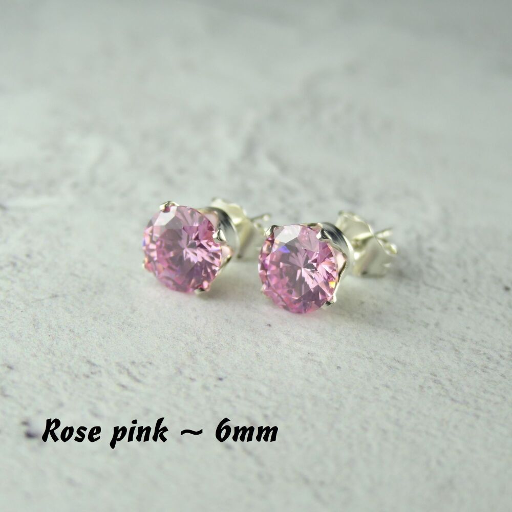 Sterling Silver 6mm faceted rose pink Cubic Zirconia stud earrings in a gift box - Handcrafted with claw setting