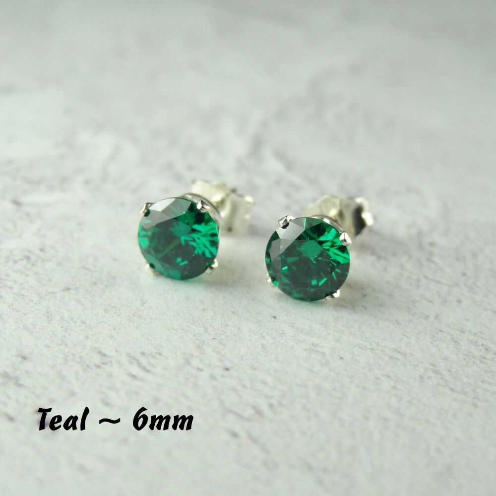 Sterling Silver 6mm faceted teal green Cubic Zirconia stud earrings in a gift box - Handcrafted with claw setting