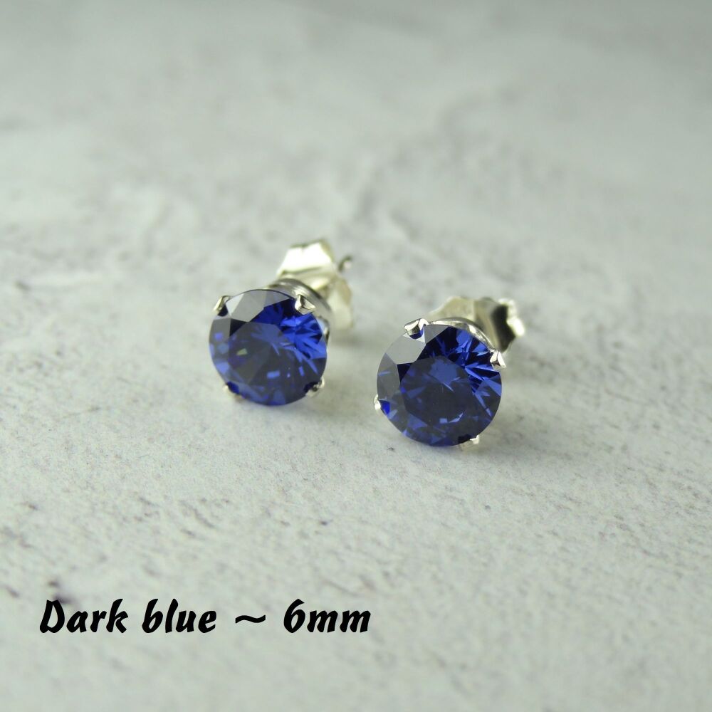 Sterling Silver 6mm faceted dark blue Cubic Zirconia stud earrings in a gift box - Handcrafted with claw setting