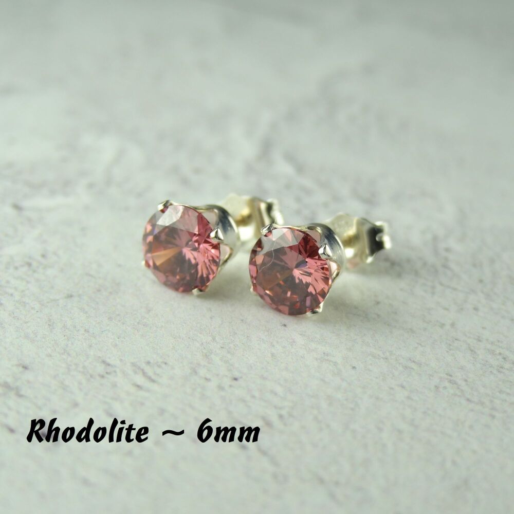 Sterling Silver 6mm faceted rhodolite pink Cubic Zirconia stud earrings in a gift box - Handcrafted with claw setting