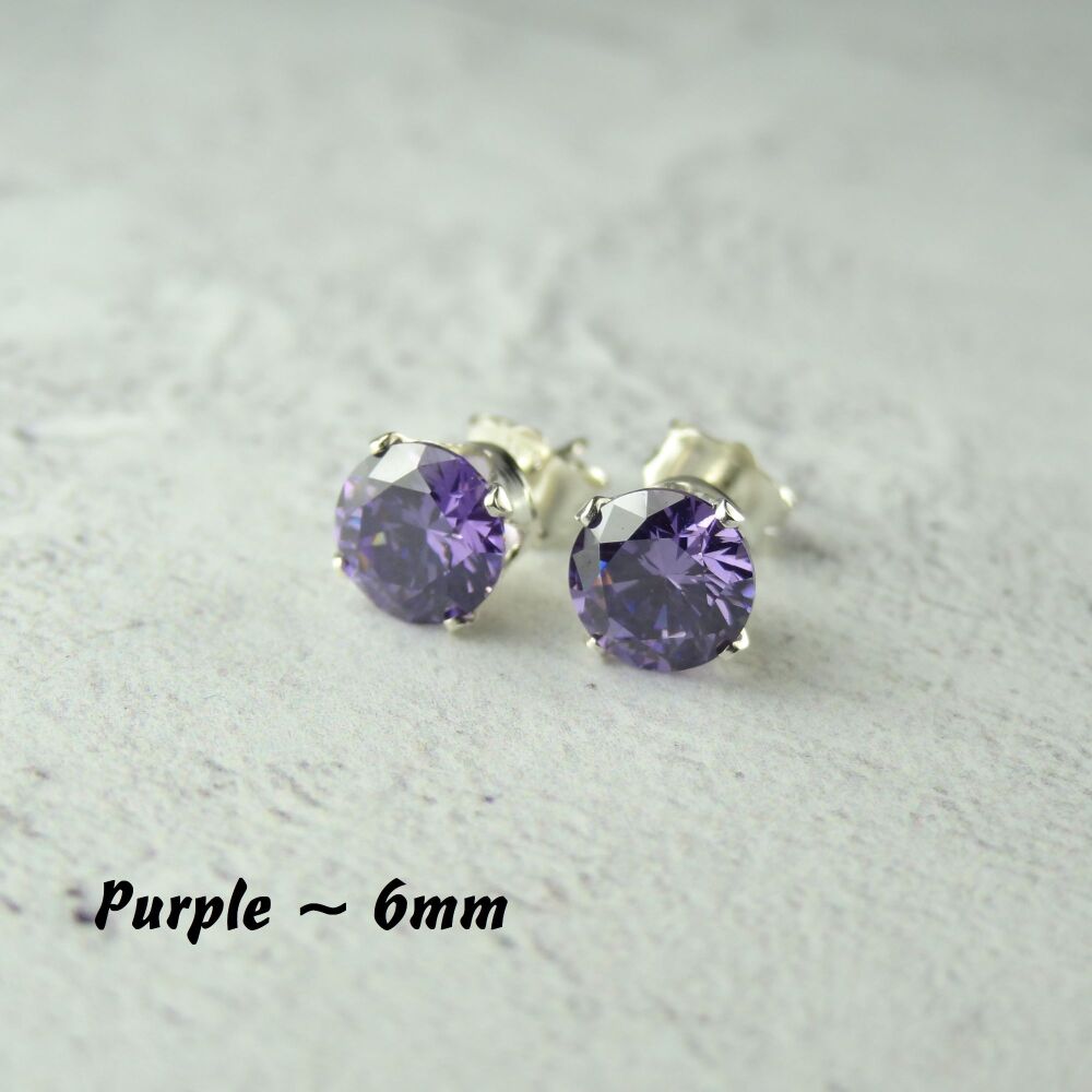 Sterling Silver 6mm faceted purple Cubic Zirconia stud earrings in a gift box - Handcrafted with claw setting