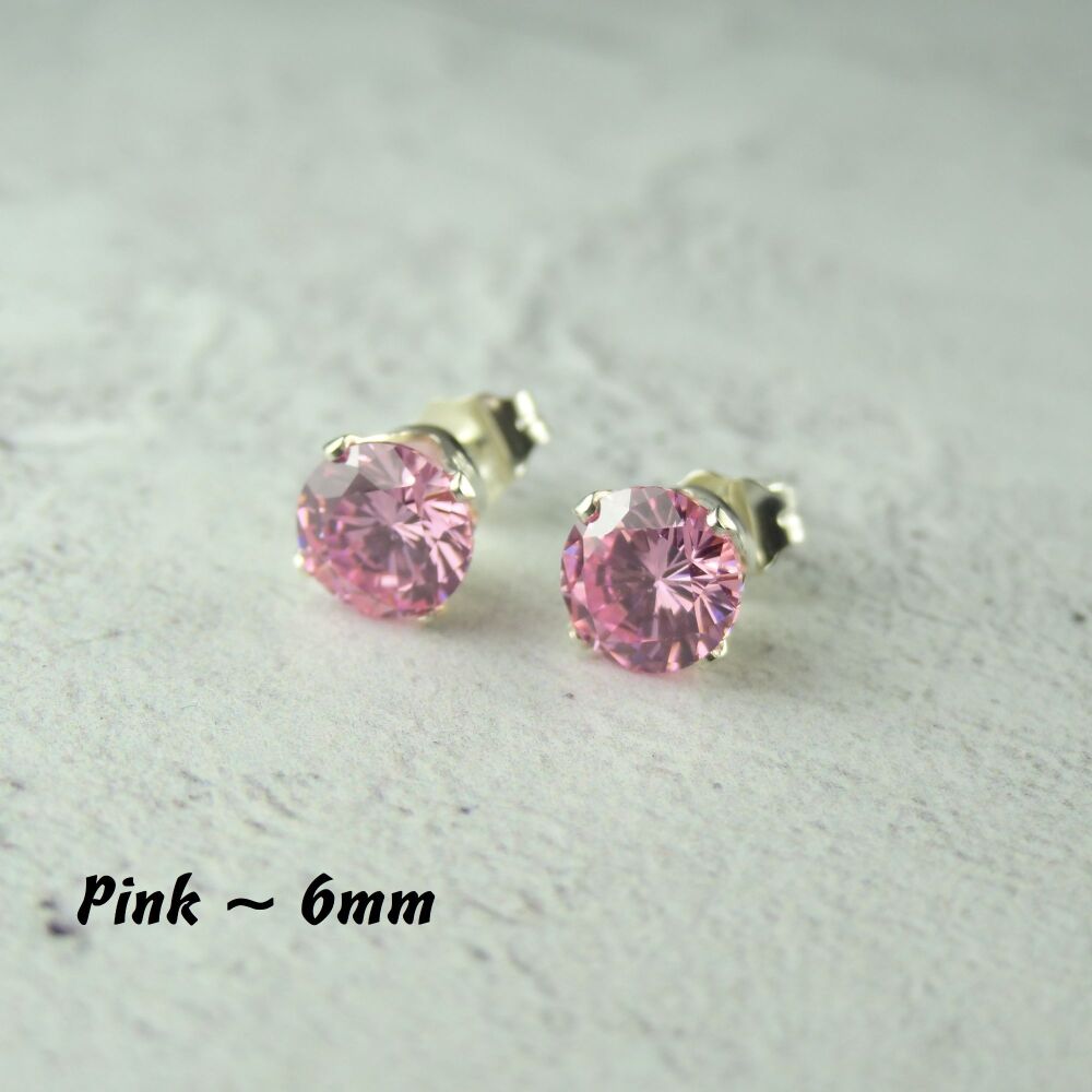 Sterling Silver 6mm faceted pink Cubic Zirconia stud earrings in a gift box - Handcrafted with claw setting