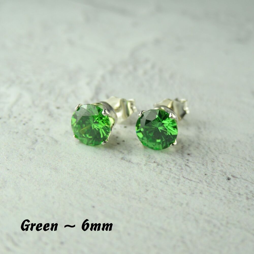 Sterling Silver 6mm faceted green Cubic Zirconia stud earrings in a gift box - Handcrafted with claw setting