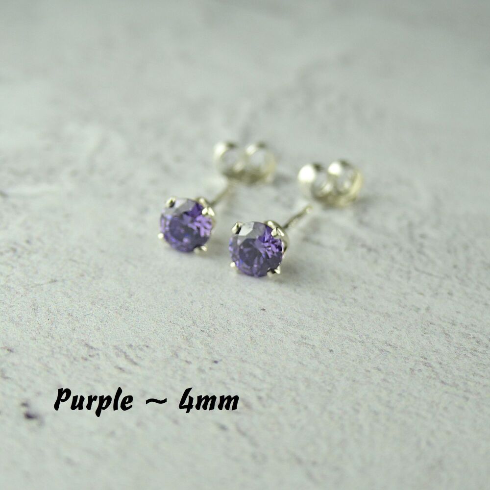 Sterling Silver 4mm faceted purple Cubic Zirconia stud earrings in a gift box - Handcrafted with claw setting