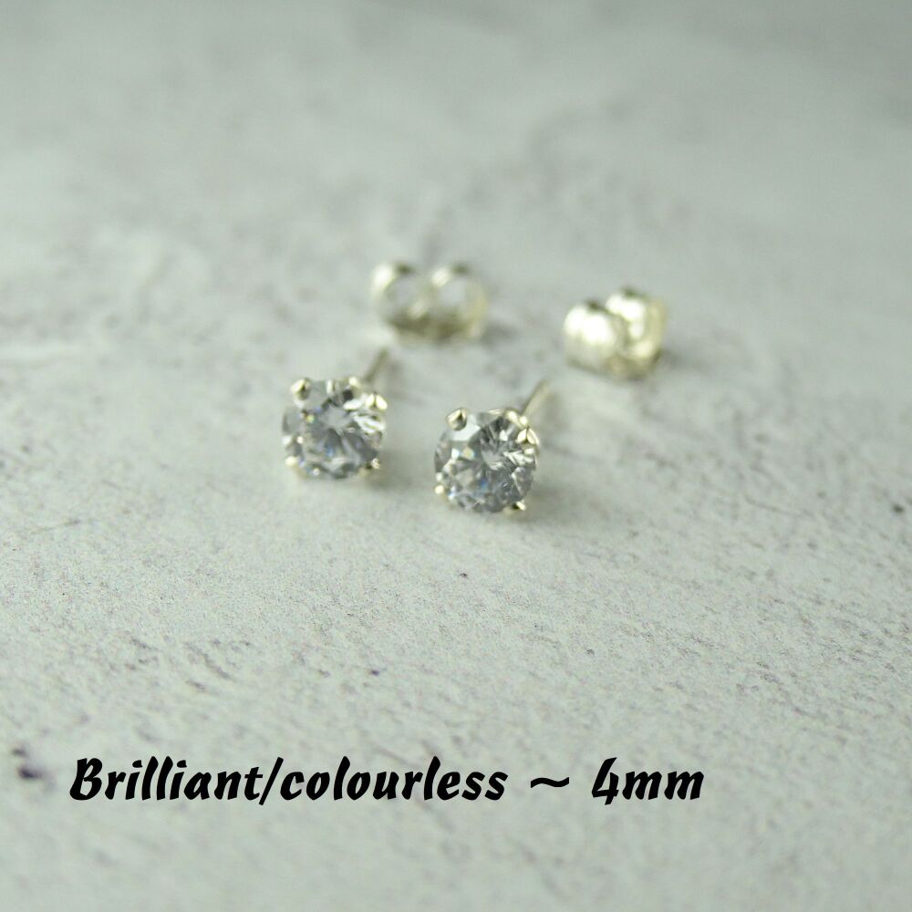 Sterling Silver 4mm faceted brilliant/colourless Cubic Zirconia stud earrings in a gift box - Handcrafted with claw setting