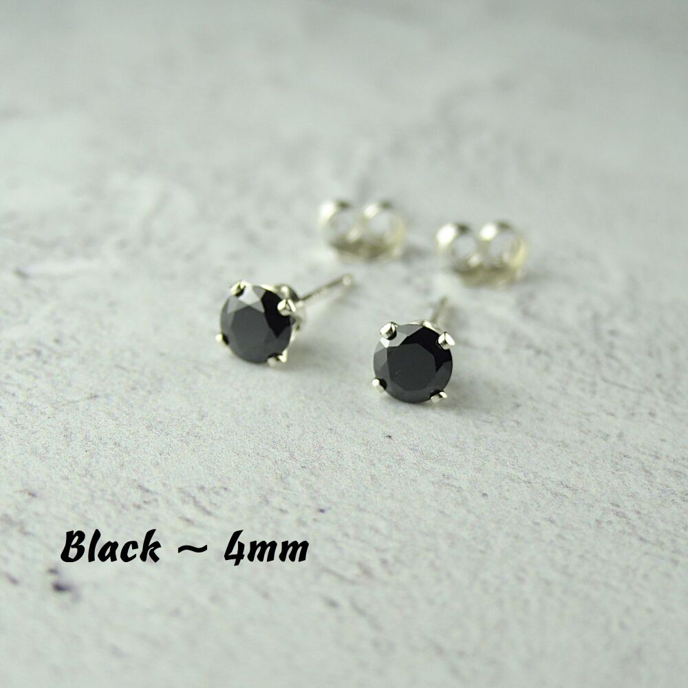 Sterling Silver 4mm faceted black Cubic Zirconia stud earrings in a gift box - Handcrafted with claw setting