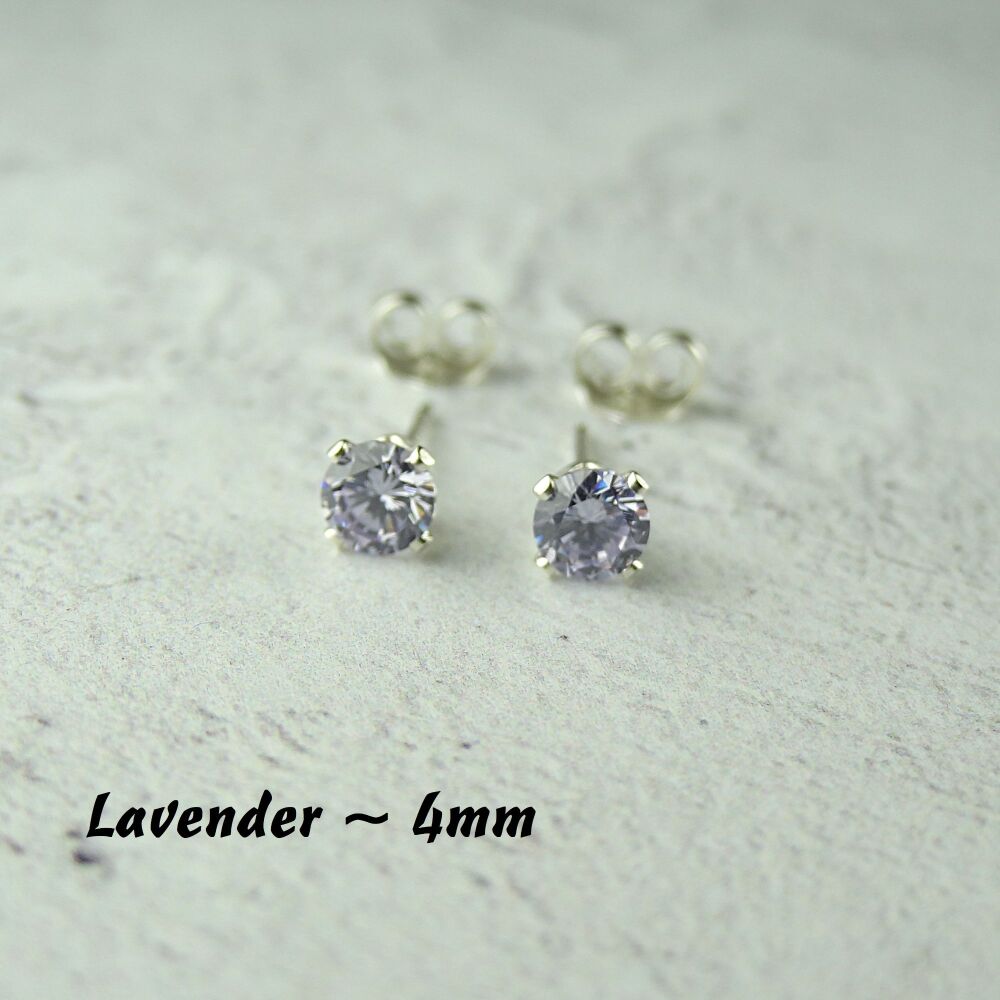 Sterling Silver 4mm faceted lavender purple Cubic Zirconia stud earrings in a gift box - Handcrafted with claw setting