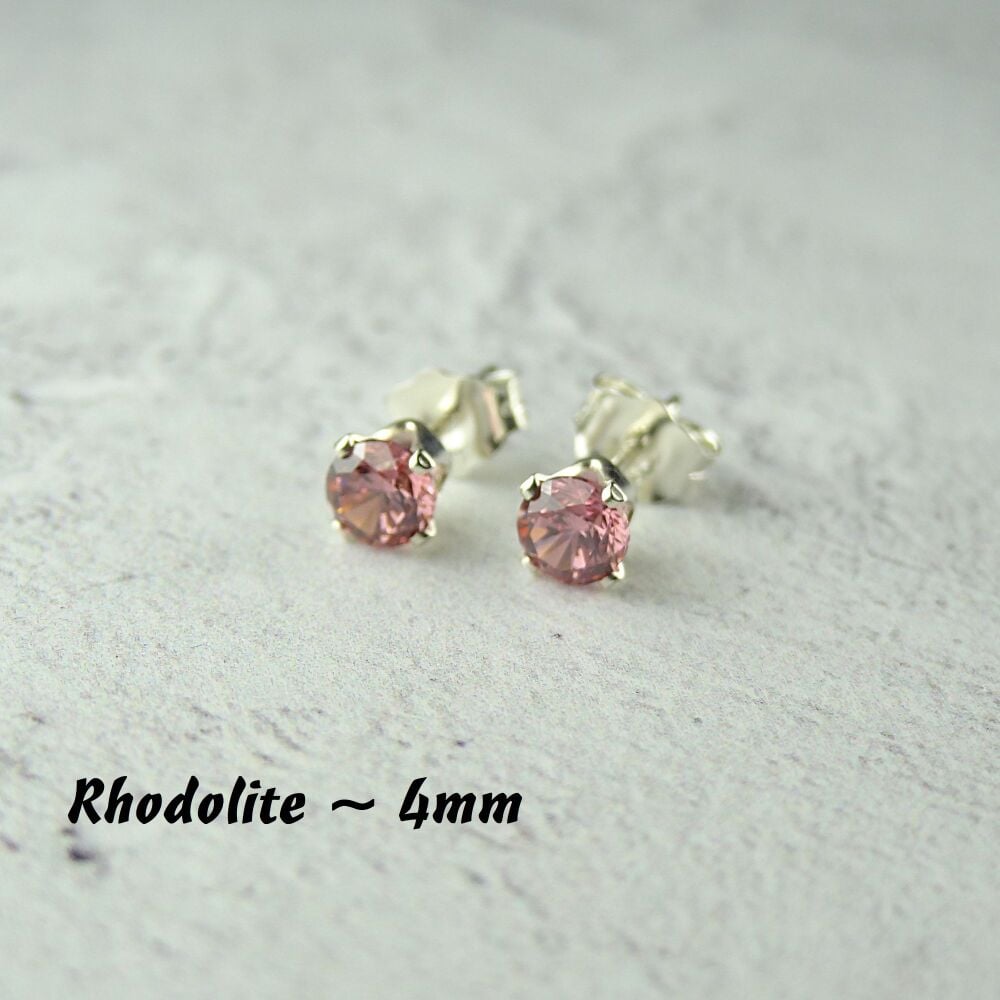 Sterling Silver 4mm faceted rhodolite pink Cubic Zirconia stud earrings in a gift box - Handcrafted with claw setting