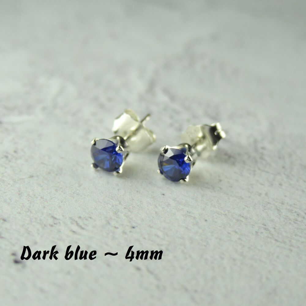 Sterling Silver 4mm faceted dark blue Cubic Zirconia stud earrings in a gift box - Handcrafted with claw setting