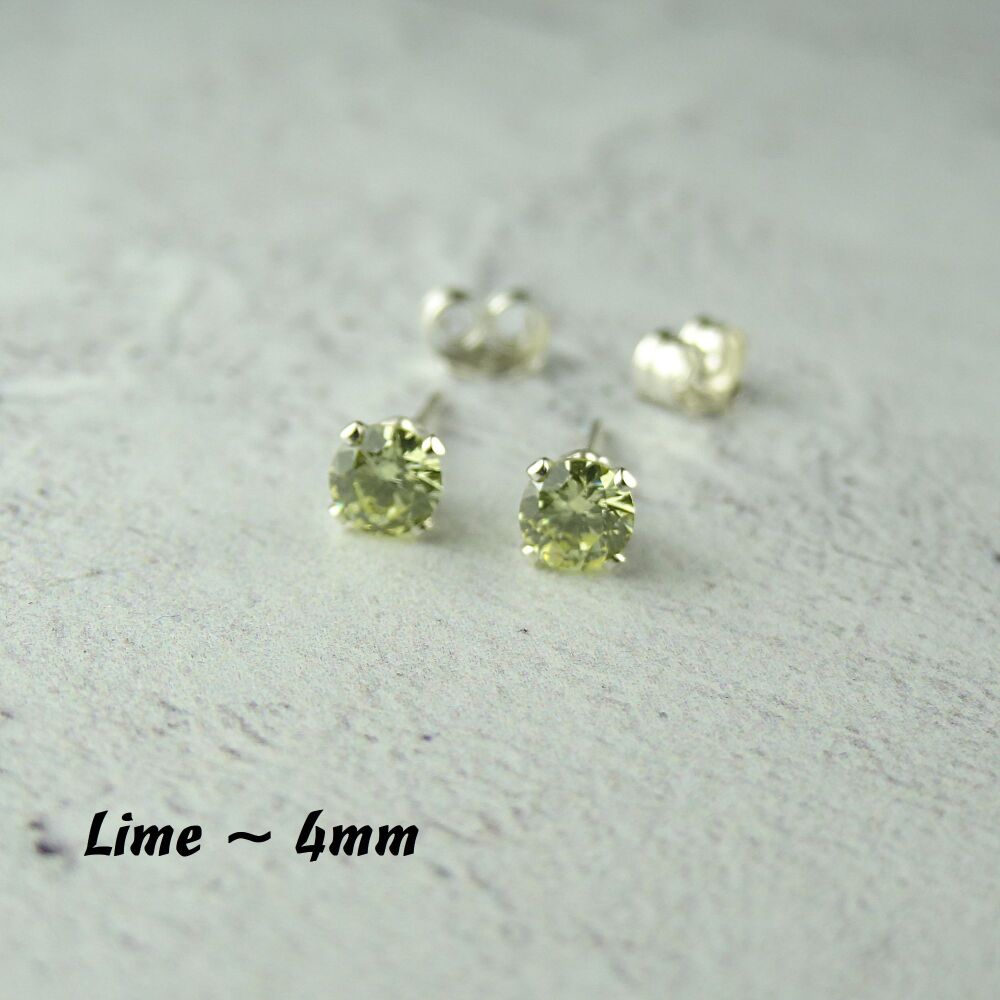 Sterling Silver 4mm faceted lime green Cubic Zirconia stud earrings in a gift box - Handcrafted with claw setting