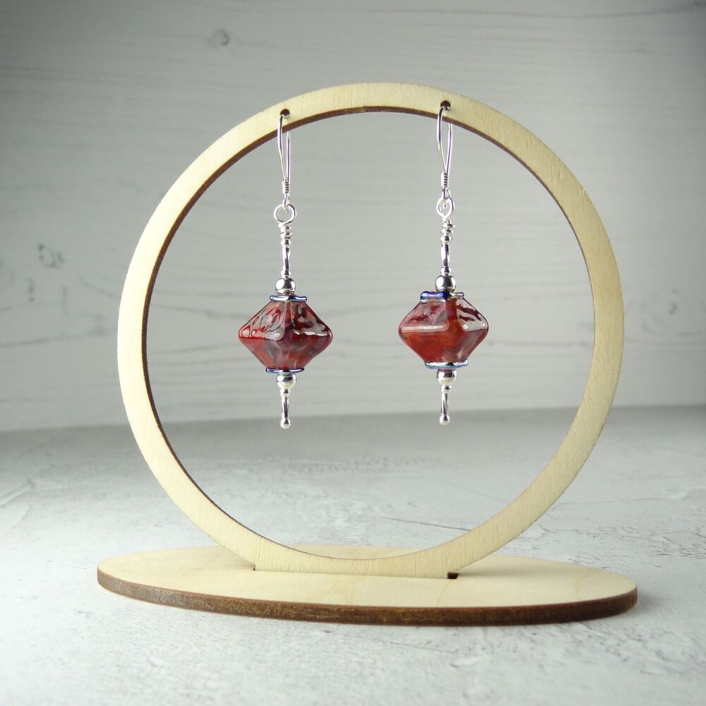 Red and pink speckled handcrafted artisan lampwork glass & sterling silver drop earrings ~ length 57mm (LH#76)