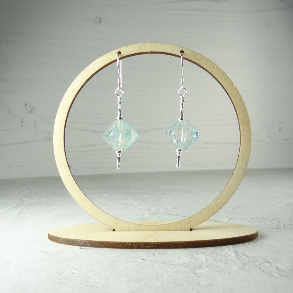 Pale blue speckled handcrafted artisan lampwork glass & sterling silver drop earrings ~ length 54mm (LH#212)