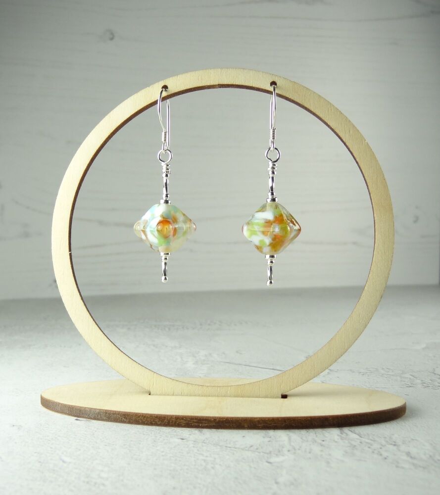 Multi-coloured speckled handcrafted artisan lampwork glass & sterling silver drop earrings ~ length 54mm (LH#180)
