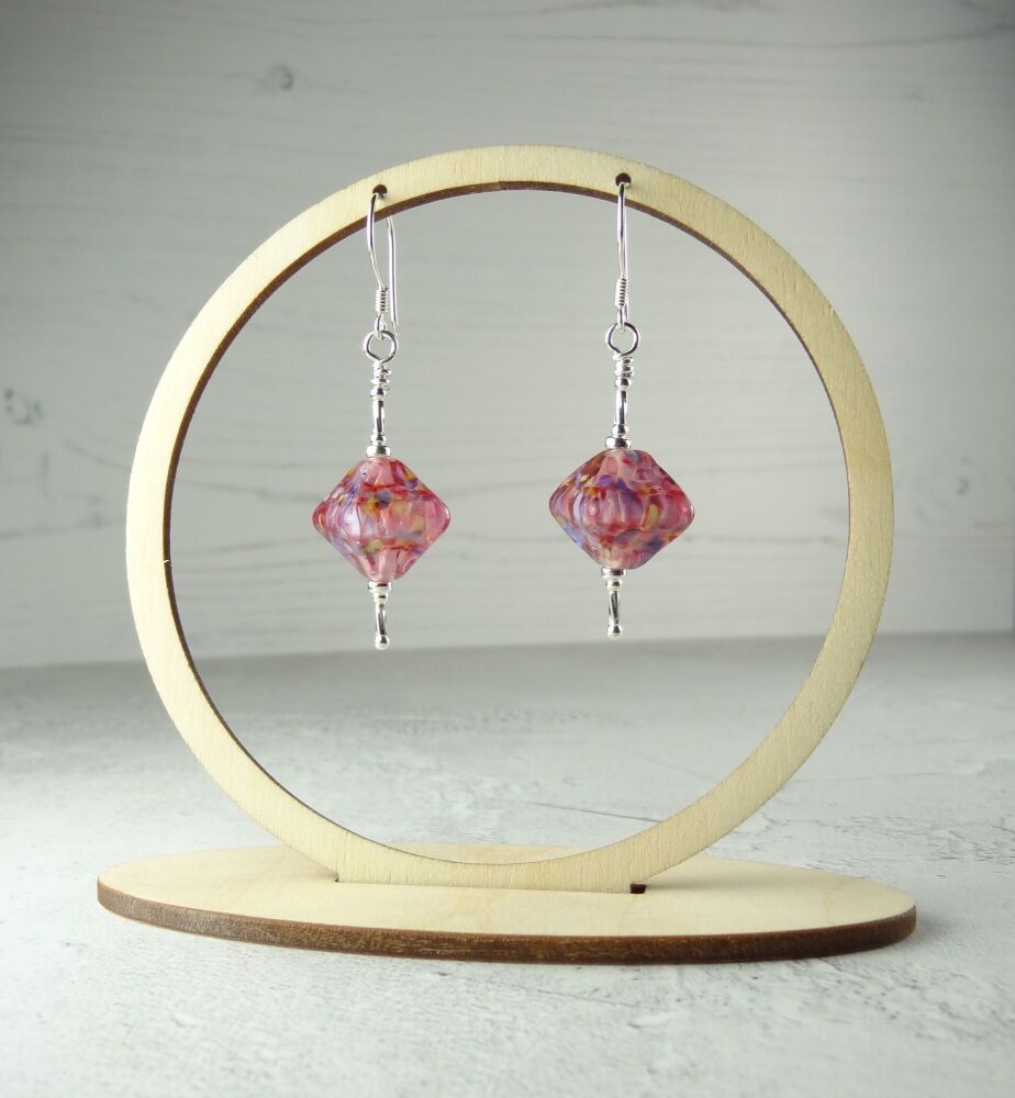 Pink and purple speckled handcrafted artisan lampwork glass & sterling silver drop earrings ~ length 54mm (LH#204)