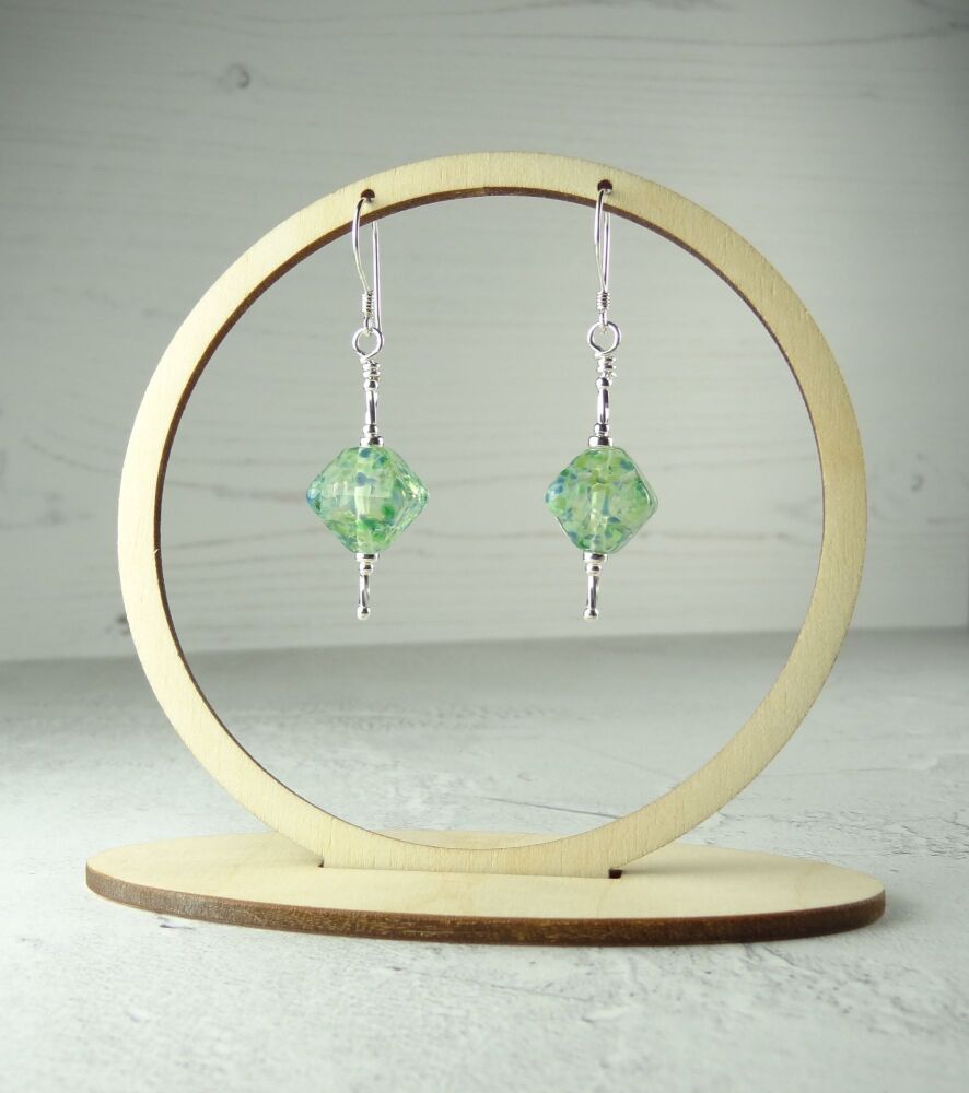 Green and blue speckled handcrafted artisan lampwork glass & sterling silver drop earrings ~ length 52mm (LH#216)