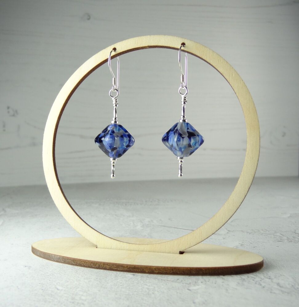 Blue speckled handcrafted artisan lampwork glass & sterling silver drop earrings ~ length 54mm (LH#213)