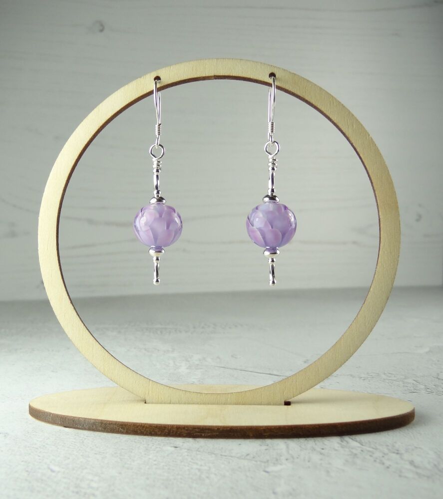 Purple petal flower handcrafted artisan lampwork glass & sterling silver drop earrings ~ length 53mm (LH#194)