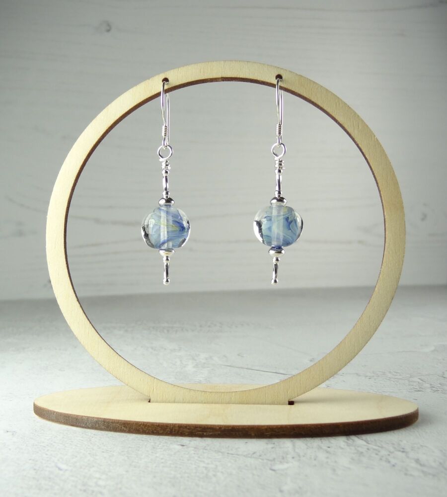 Swirly blue handcrafted artisan lampwork glass & sterling silver drop earrings ~ length 53mm (LH#190)
