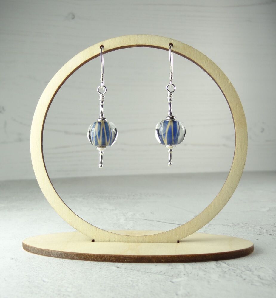 Blue & beige handcrafted artisan lampwork glass & sterling silver drop earrings ~ length 51mm (LH#181)