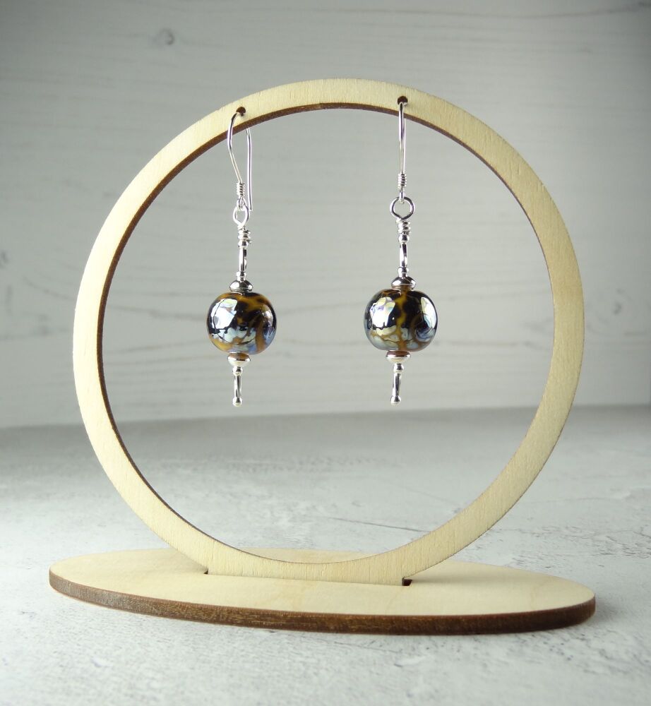 Orange & metallic blue handcrafted artisan lampwork glass & sterling silver drop earrings ~ length 53mm (LH#178)