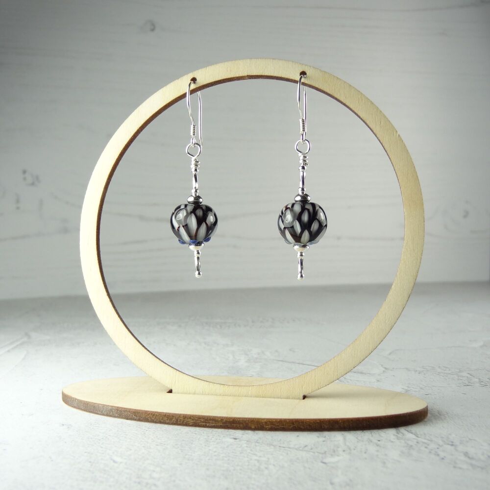 Black and white petal flower handcrafted artisan lampwork glass & sterling silver drop earrings ~ length 53mm (LH#191)