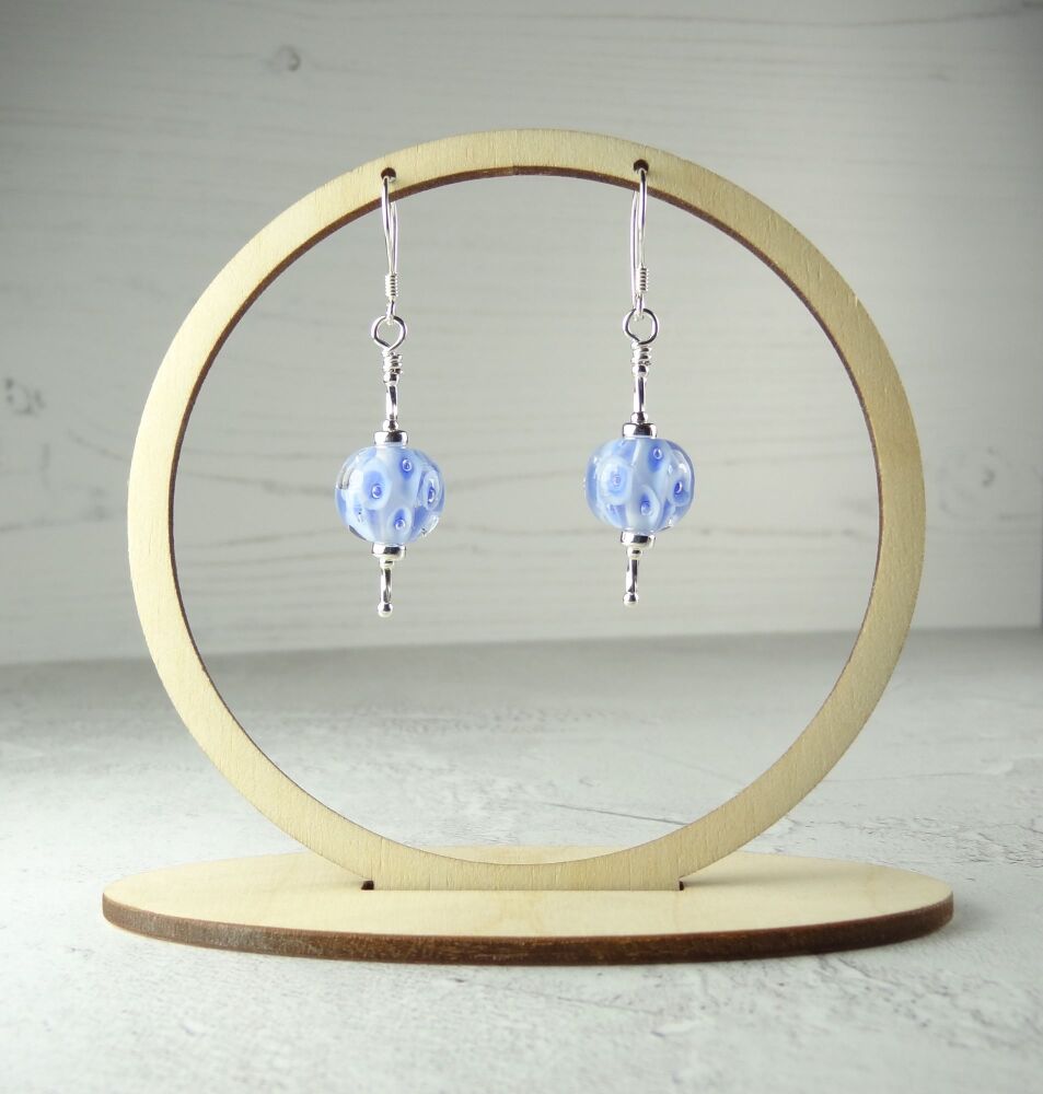 Blue handcrafted artisan lampwork glass & sterling silver drop earrings ~ length 51mm (LH#65)