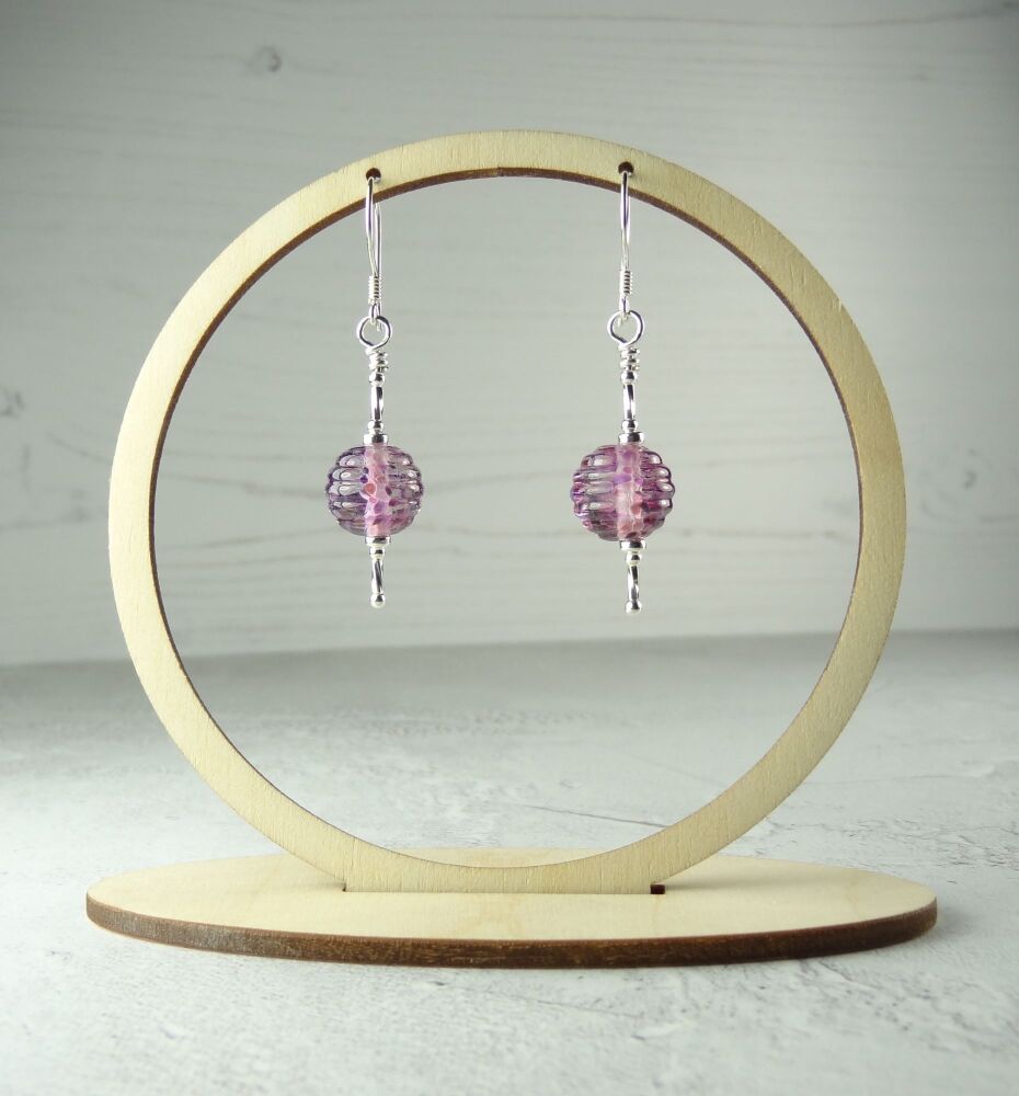 Purple-ish pink ribbed handcrafted artisan lampwork glass & sterling silver drop earrings ~ length 51mm (LH#211)