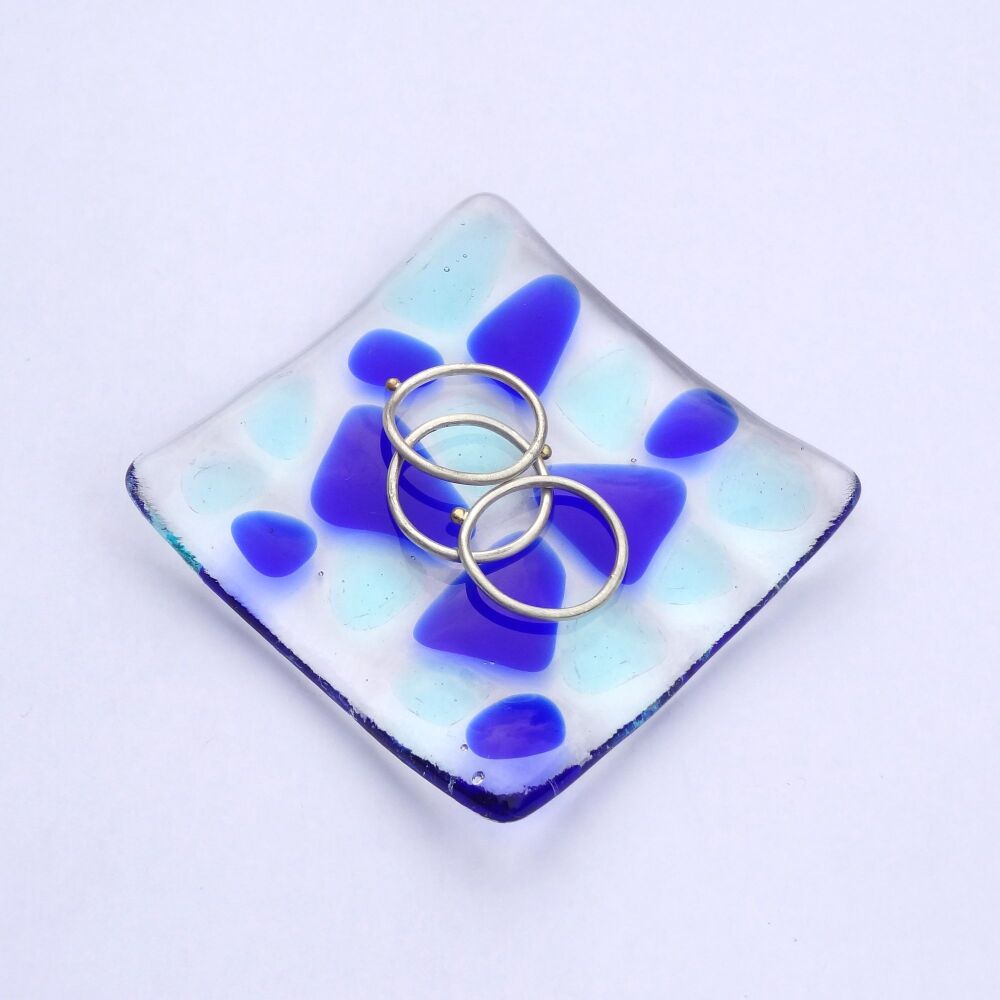 Blue mosaic fused glass small shallow rings earrings trinket dish, tea light holder or ornament to display - 6.5cm square (#6 mosaic)