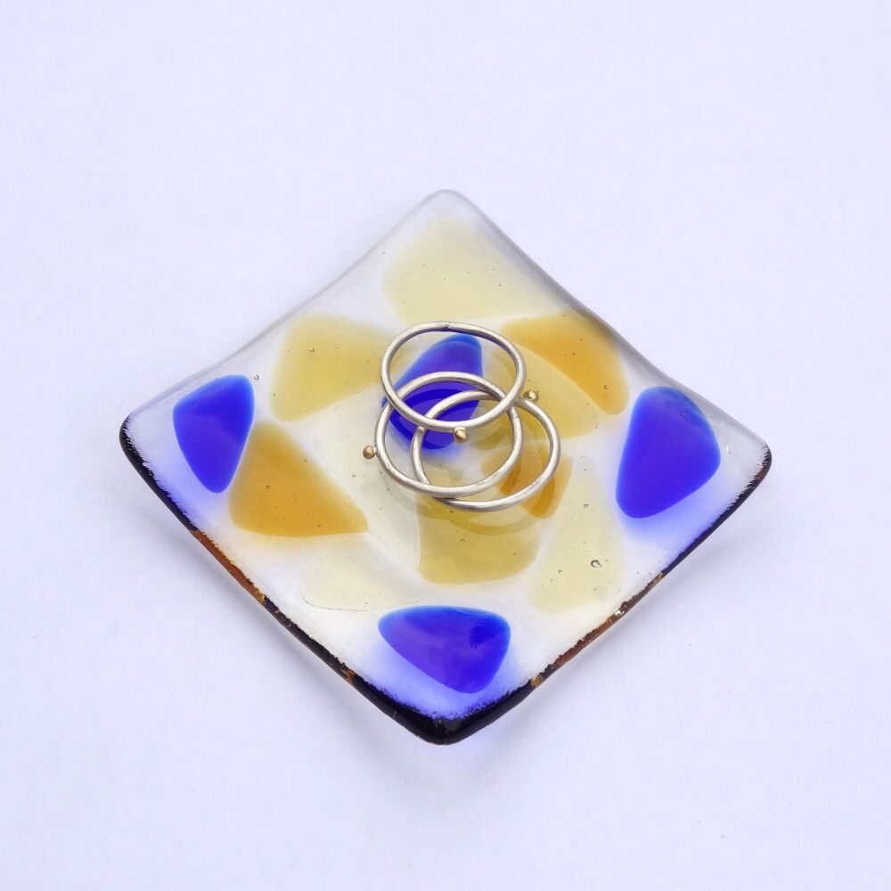 Blue & honey amber mosaic fused glass small shallow rings earrings trinket dish, tea light holder or ornament to display - 6.5cm square (#5 mosaic)