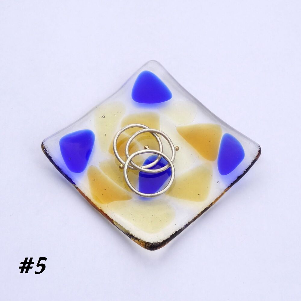Blue & honey amber mosaic fused glass small shallow rings earrings trinket dish, tea light holder or ornament to display - 6.5cm square (#5 mosaic)