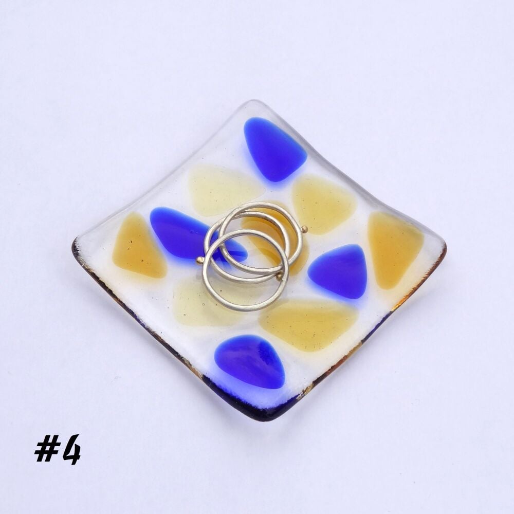 Blue & honey amber mosaic fused glass small shallow rings earrings trinket dish, tea light holder or ornament to display - 6.5cm square (#4 mosaic)