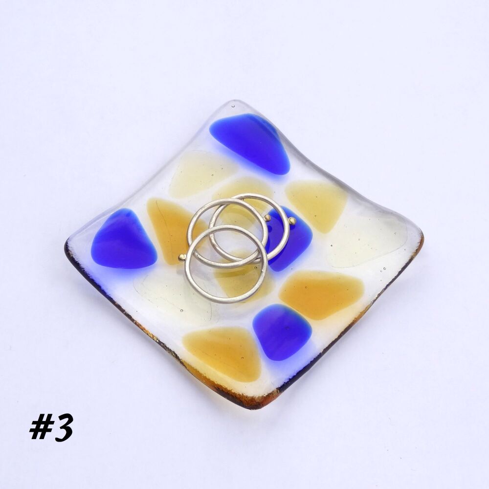 Blue & honey amber mosaic fused glass small shallow rings earrings trinket dish, tea light holder or ornament to display - 6.5cm square (#3 mosaic)