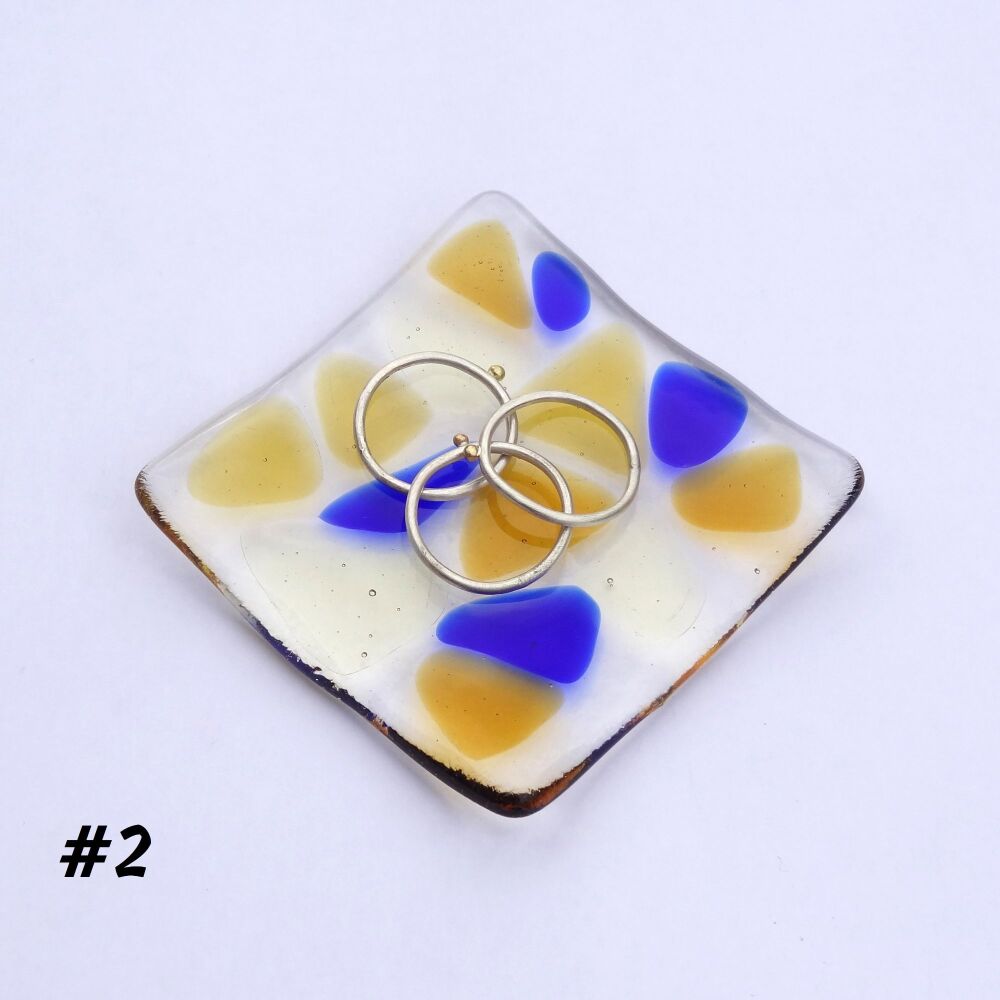 Blue & honey amber mosaic fused glass small shallow rings earrings trinket dish, tea light holder or ornament to display - 6.5cm square (#2 mosaic)