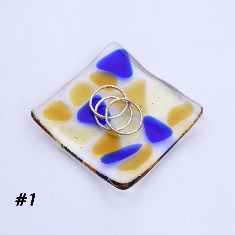 Blue & honey amber mosaic fused glass small shallow rings earrings trinket dish, tea light holder or ornament to display - 6.5cm square (#1 mosaic)
