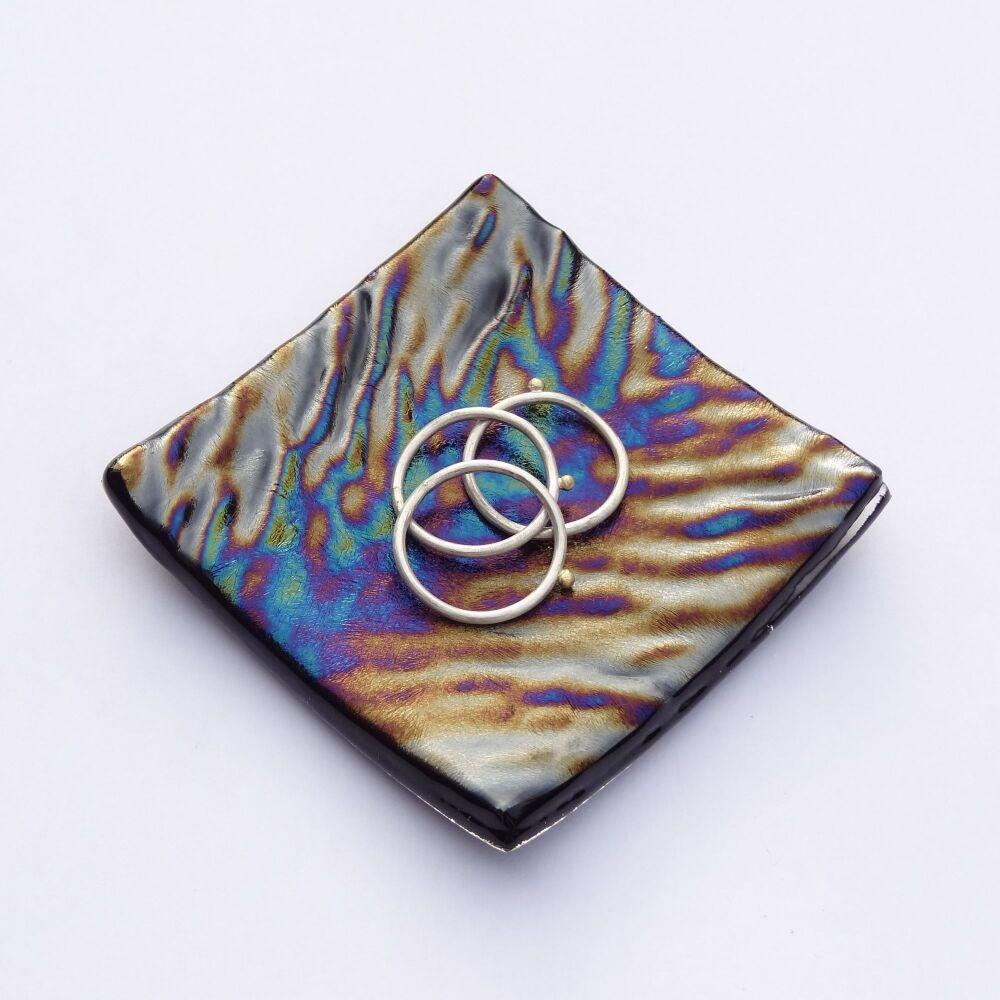 Handcrafted textured/iridescent bullseye fused glass ring trinket dish tea light holder or ornament to display, 6.5cm square, 6mm thick (#A)