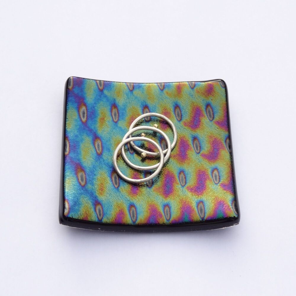 Handcrafted iridescent bullseye fused glass ring trinket dish tea light holder or ornament to display, 6.5cm square, 6mm thick (#B)